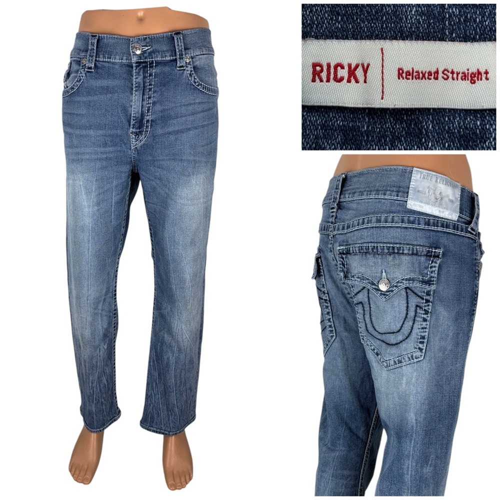 True Religion Mens 42 X 29 (actual) Jeans Ricky Big T Flap Straight Thick Stitch